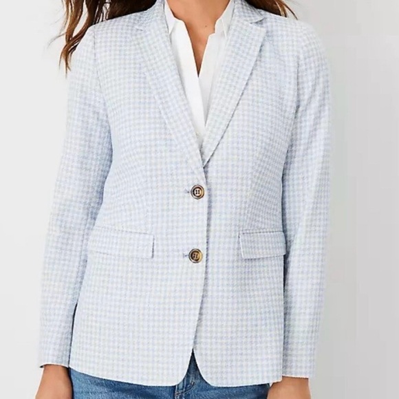 Ann Taylor The Petite Greenwich Blazer in Houndstooth Light Blue & White Size 10 - Picture 2 of 16